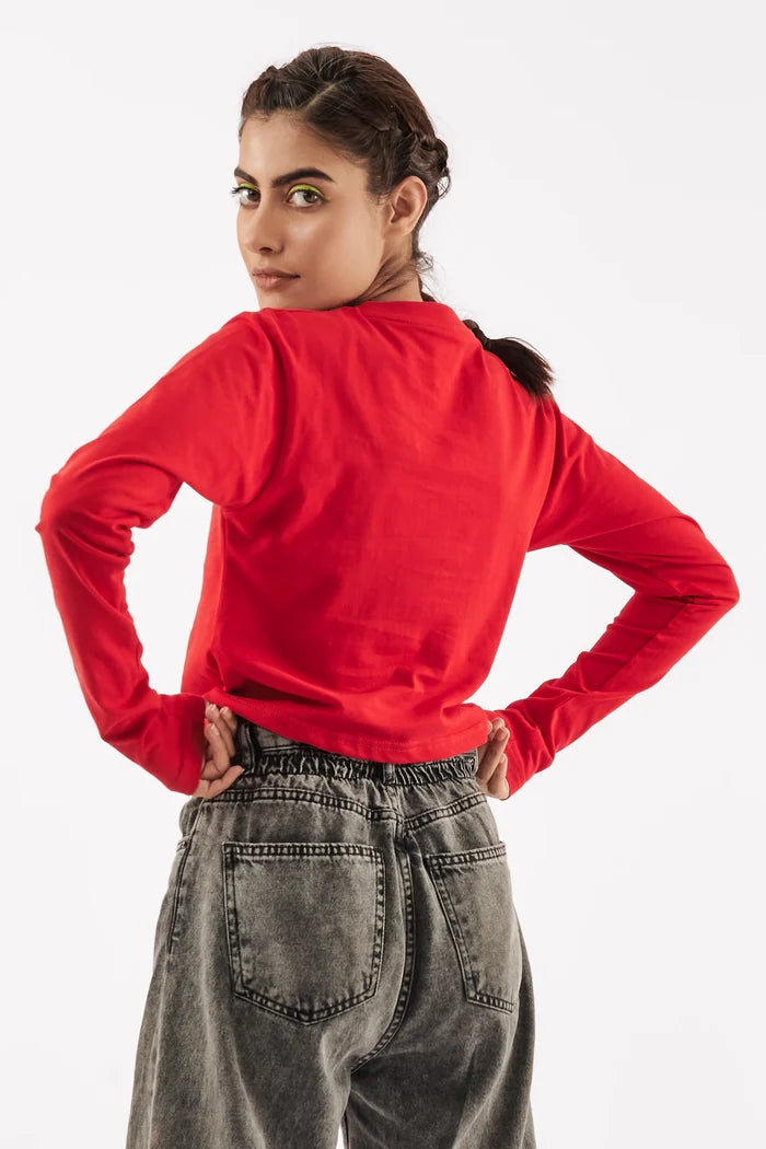 Women's Full Sleeve Crop Tee Red