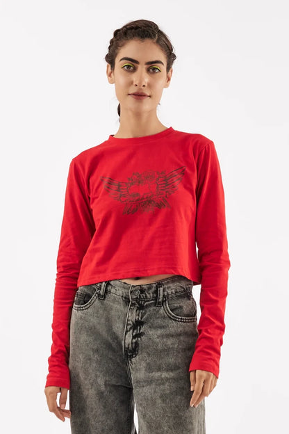 Women's Full Sleeve Crop Tee Red
