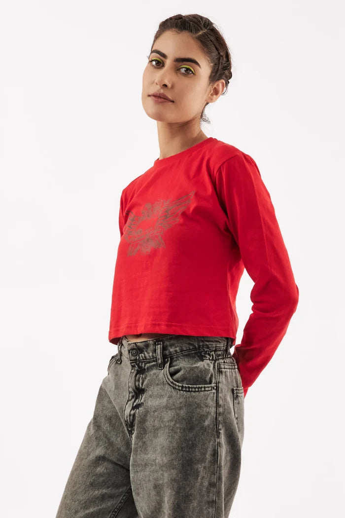 Women's Full Sleeve Crop Tee Red