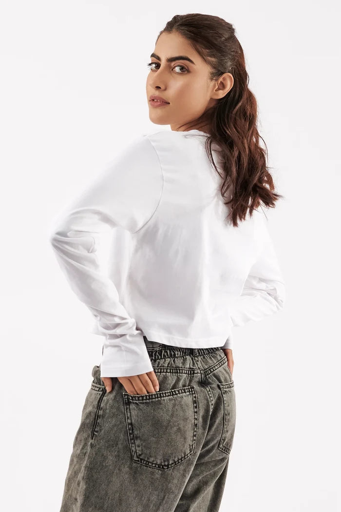 Women's Full Sleeve Crop Tee White