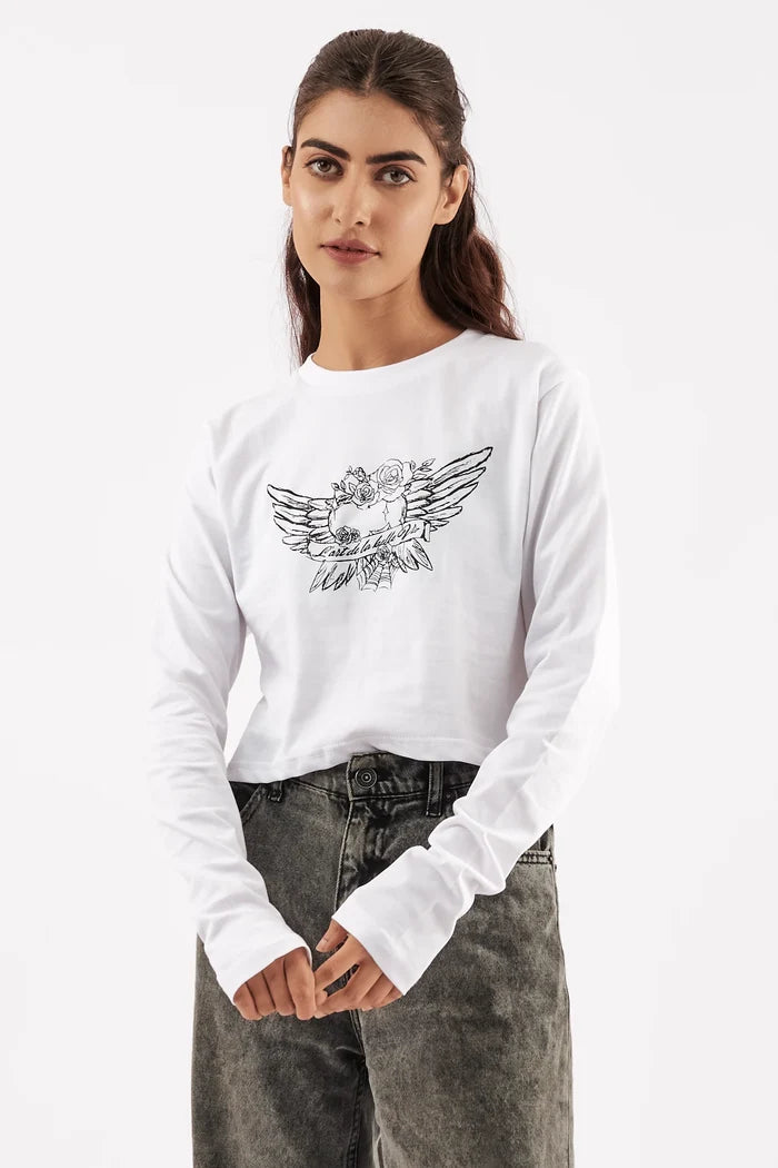 Women's Full Sleeve Crop Tee White