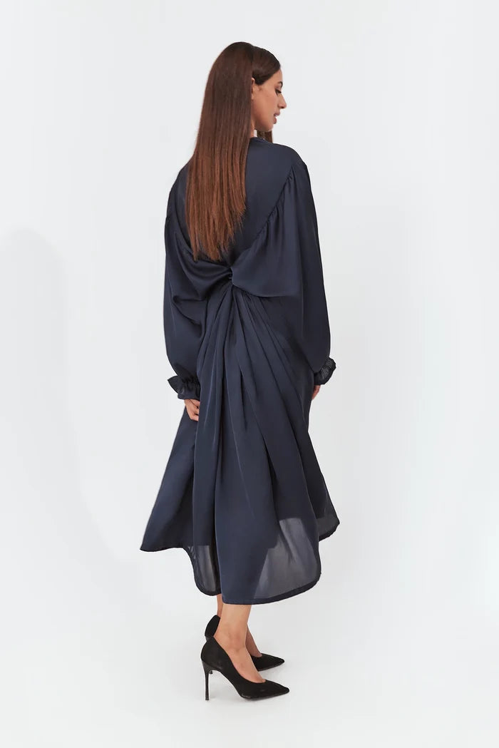 Women's Gathered Silk Long Dress Blue