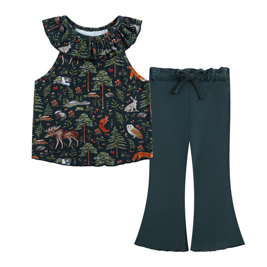 The Wood You Be My Friend Bloomy Crop Set by Jammie Session includes a sleeveless, ruffle-neck top with forest animal print and dark green cropped pants with a waist bow‚Äîideal bamboo kidswear for playful days.