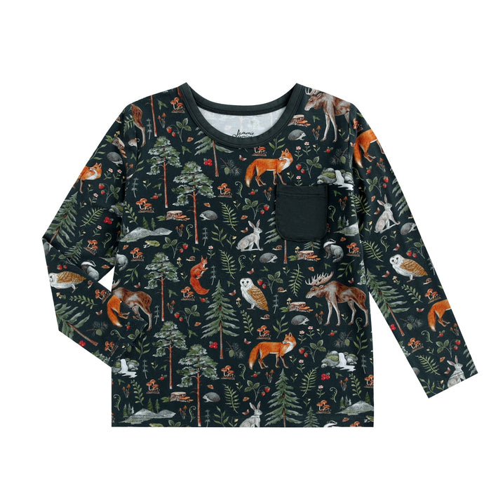 The Wood You Be My Friend Kids' Long Sleeve T-shirt by Jammie Session features a dark background with a vibrant forest animal and foliage print, soft bamboo fabric, and a small left chest pocket.