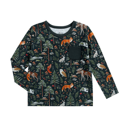 The Wood You Be My Friend Kids' Long Sleeve T-shirt by Jammie Session features a dark background with a vibrant forest animal and foliage print, soft bamboo fabric, and a small left chest pocket.