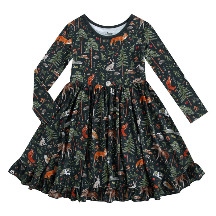 The Jammie Session Wood You Be My Friend Long Sleeve Big Kid Twirl Dress features a woodland animal and tree print, ruffled hem, and soft bamboo fabric‚Äîperfect for stylish comfort.