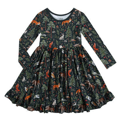 The Jammie Session Wood You Be My Friend Long Sleeve Big Kid Twirl Dress features a woodland animal and tree print, ruffled hem, and soft bamboo fabric‚Äîperfect for stylish comfort.