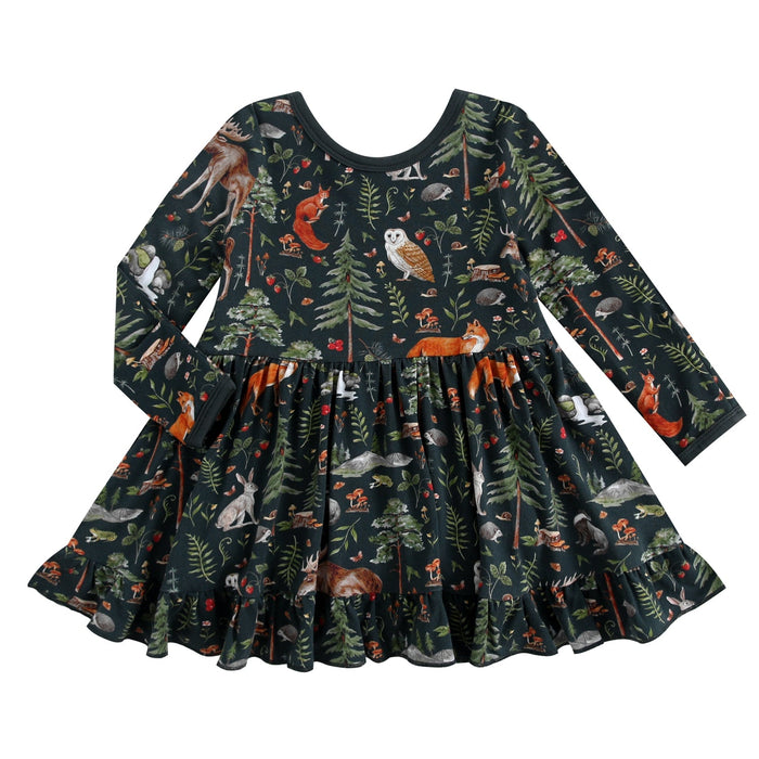 The Jammie Session "Wood You Be My Friend" Long Sleeve Bodysuit Twirl Dress features a woodland animal and forest print on dark fabric, with a gathered skirt and round neckline.