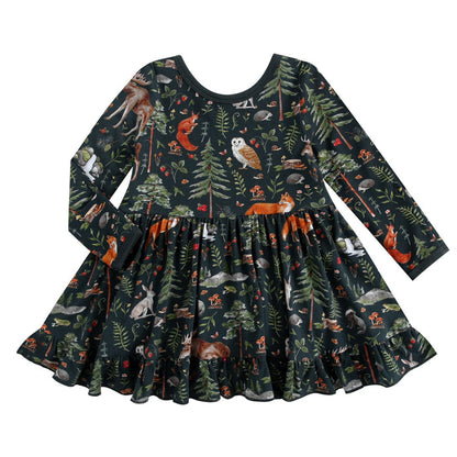 The Jammie Session "Wood You Be My Friend" Long Sleeve Bodysuit Twirl Dress features a woodland animal and forest print on dark fabric, with a gathered skirt and round neckline.