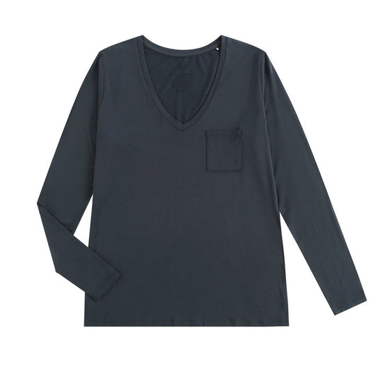 The Jammie Session Wood You Be My Friend Women's Solid Long Sleeve Shirt, shown in dark gray with a V-neck and single chest pocket, is laid flat on a white background.