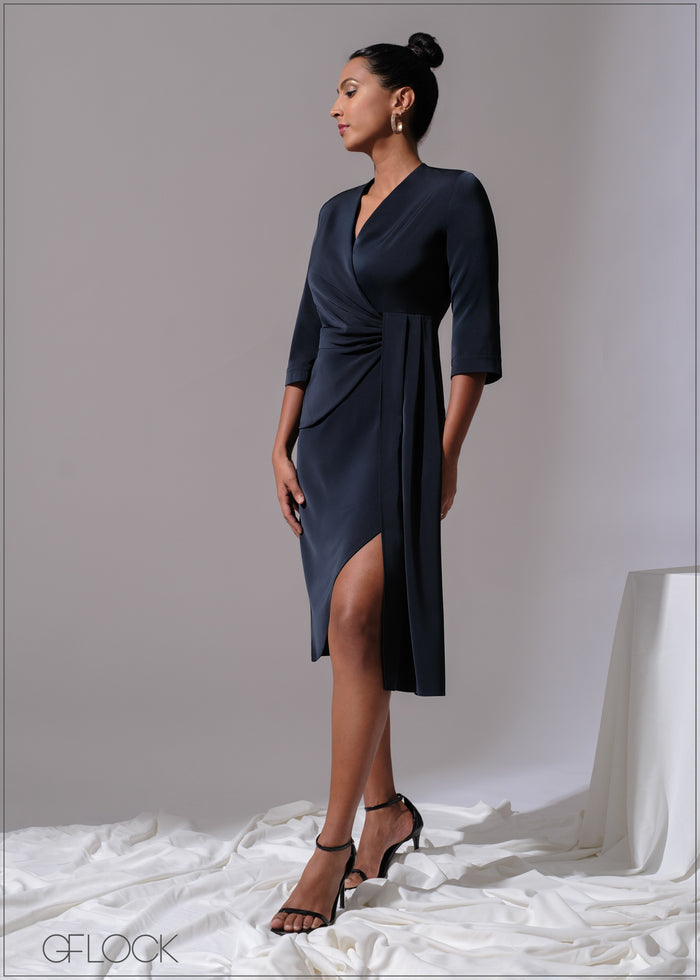 Wrap Front Twist Detail Midi Dress - 300525