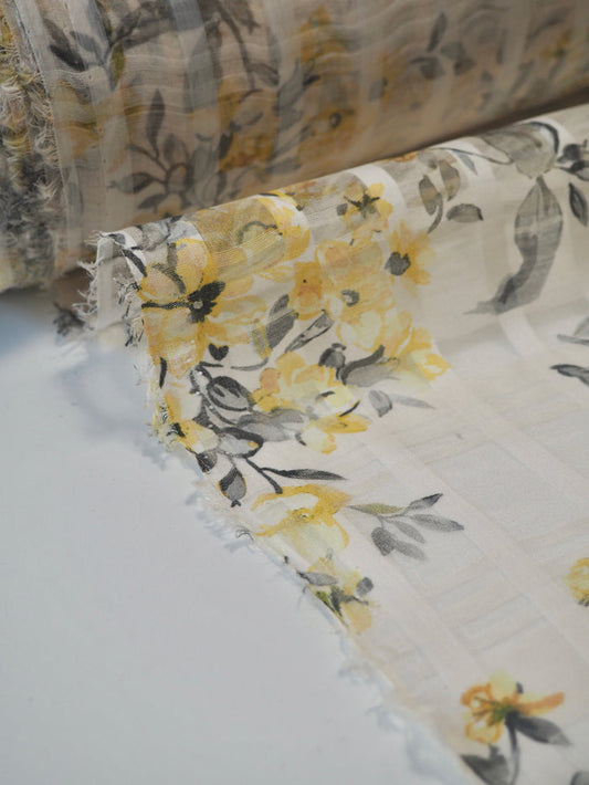 Yellow Floral Silk/Cotton Window Pane Organza