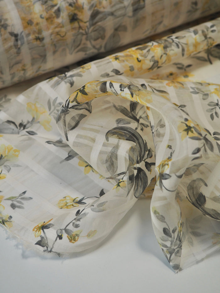Yellow Floral Silk/Cotton Window Pane Organza