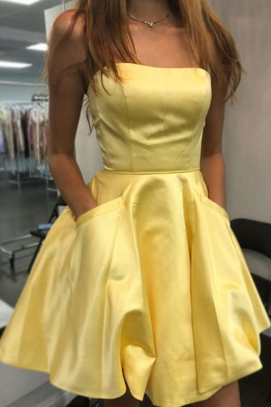 Yellow Homecoming Dress 2023 Short Strapless Satin with Pockets