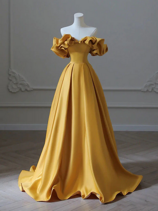 Yellow Satin Prom Dress 2025 Ruffle Neckline