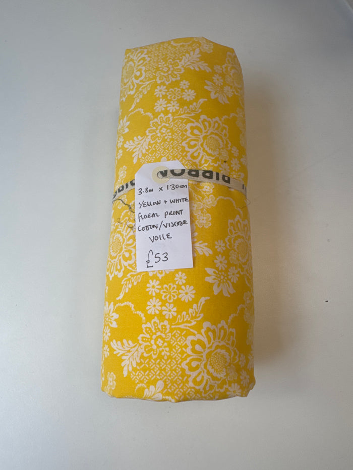 Yellow + White Floral Print Cotton/Viscose Voile Remnant